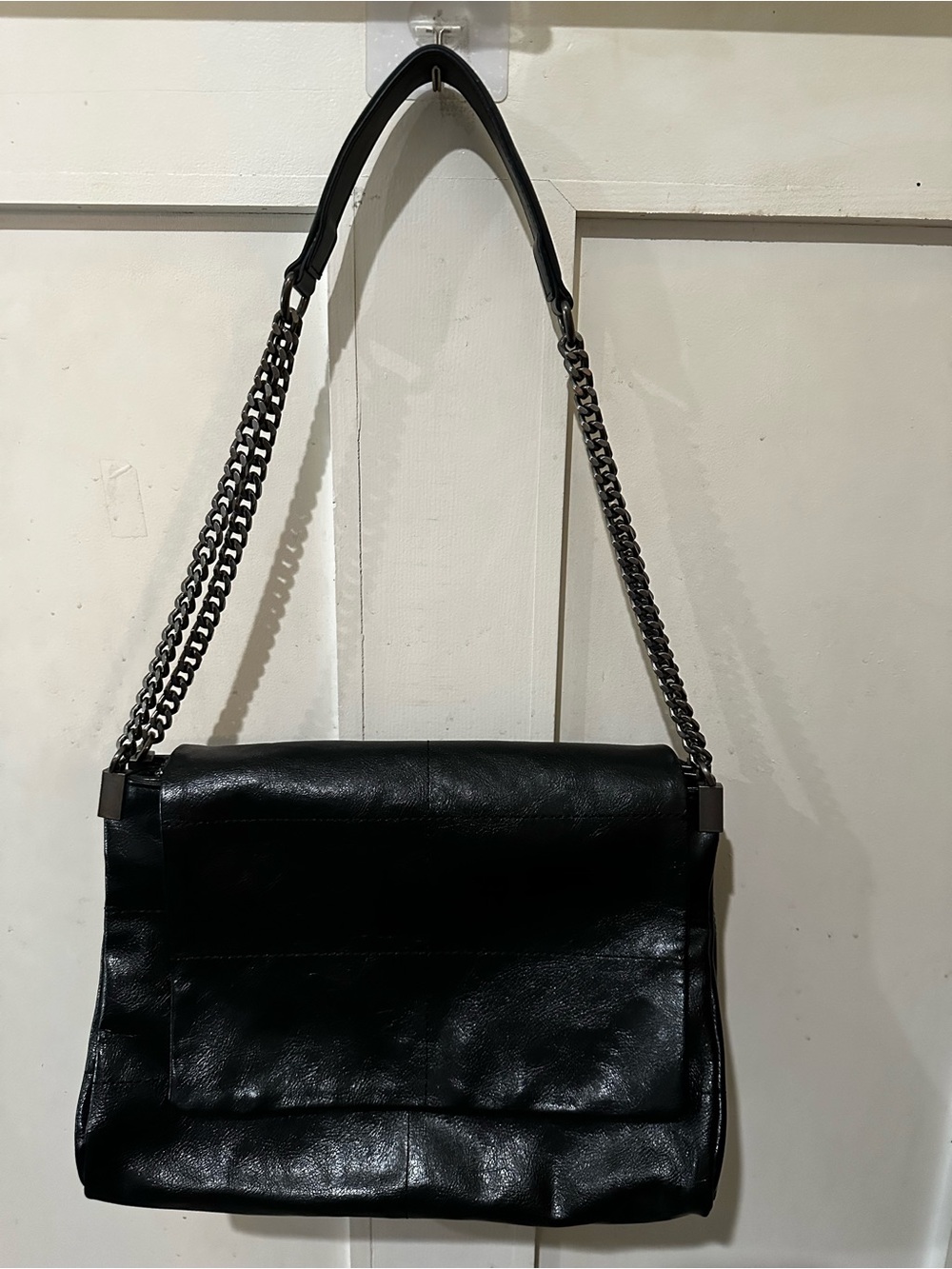 Black Leather Shoulder Bag with Chain Strap